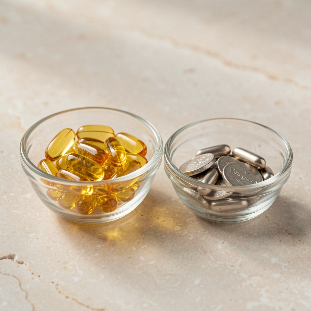 Omega-3 fish oil daily supplements and zinc daily supplements in small glass bowls on a pale stone surface, editorial close-up composition